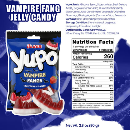 Yupo Vampire Fangs jelly candy package with nutrition facts on a blue background