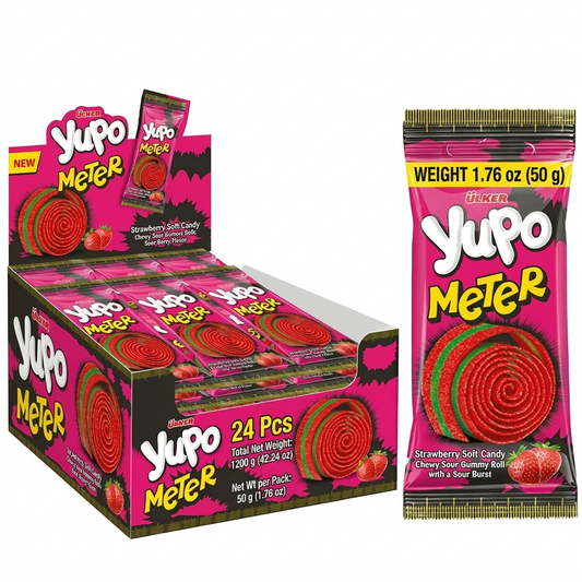 Yupo Meter strawberry candy packaging with pink and red design