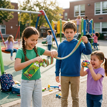 Children playing with colorful toys on a school playground