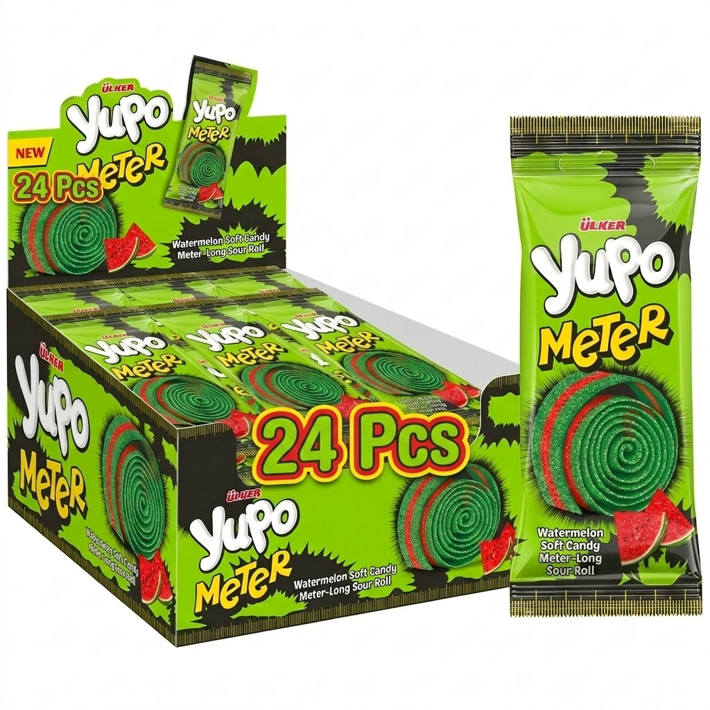 Display box and packaging of Yupo Meter candy with green and yellow design.