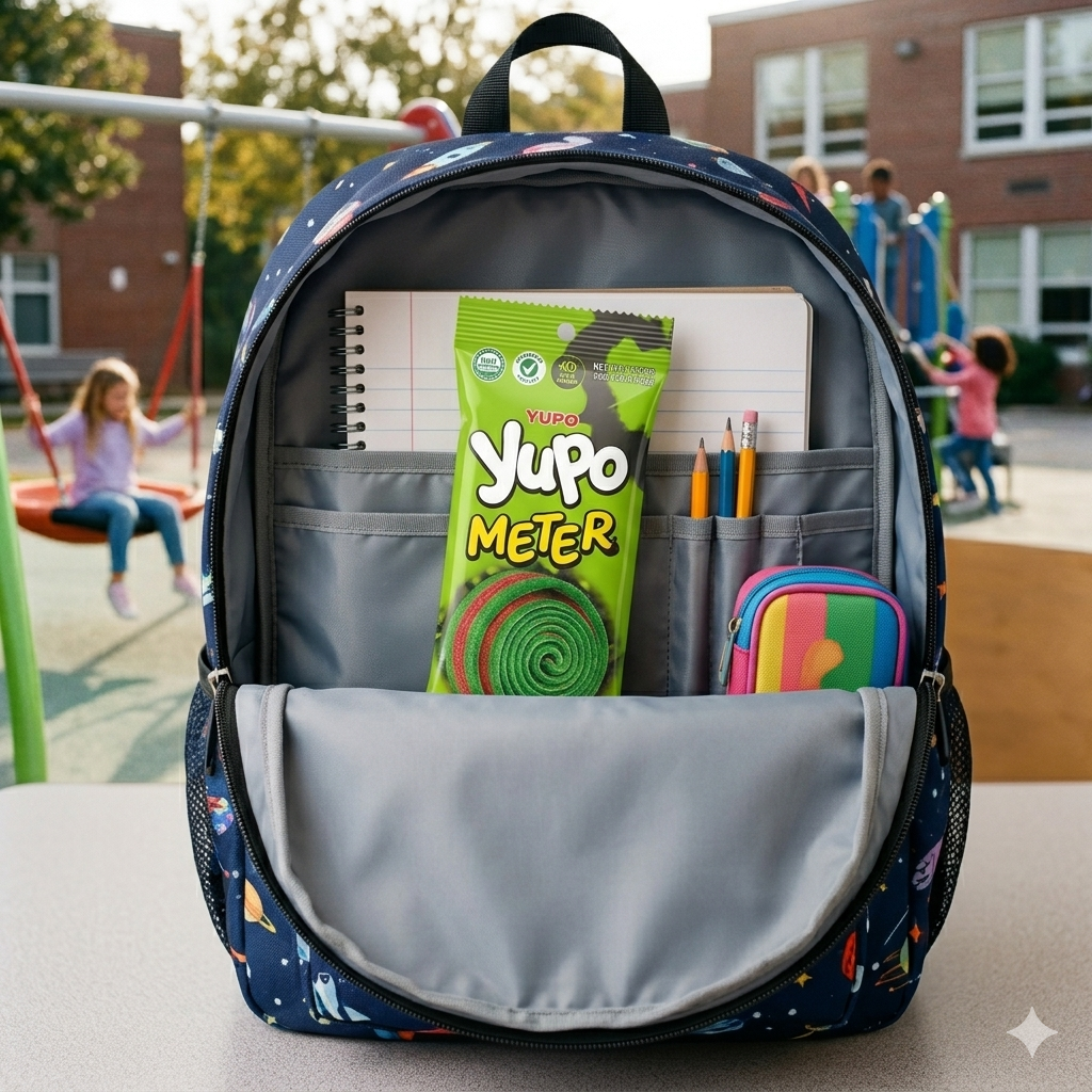Backpack with school supplies on a table in front of a school playground.
