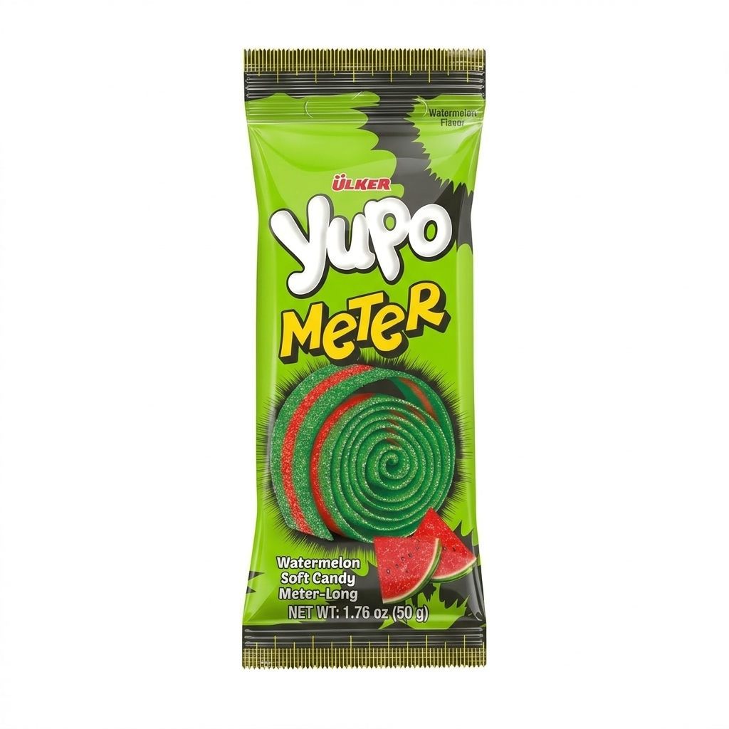 Green package of Ulker Yupo Meter watermelon soft candy on a white background