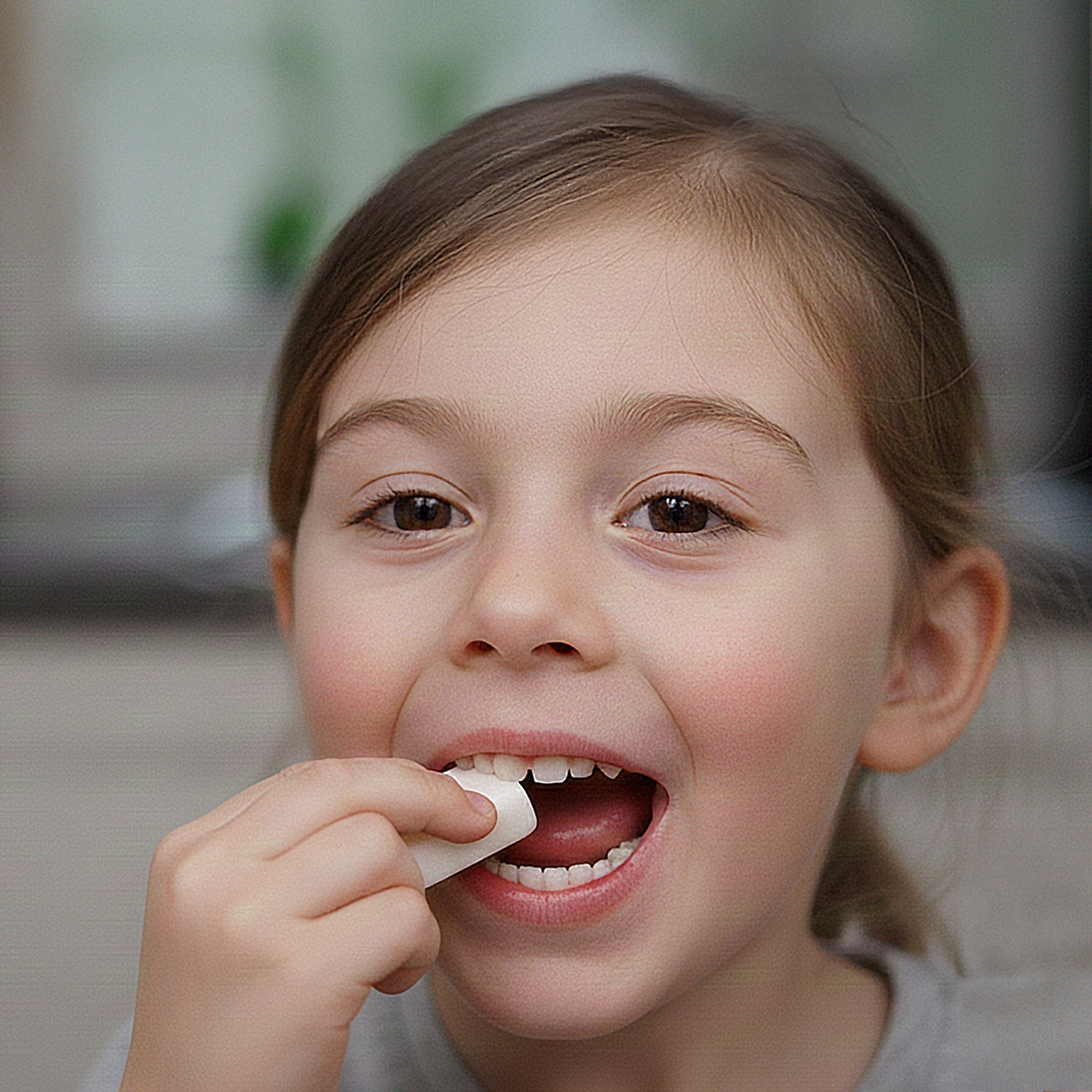 Young girl brushing her teeth with a toothbrush.