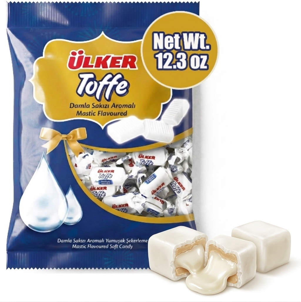 Ulker Toffe candy package with candies in front on a white background