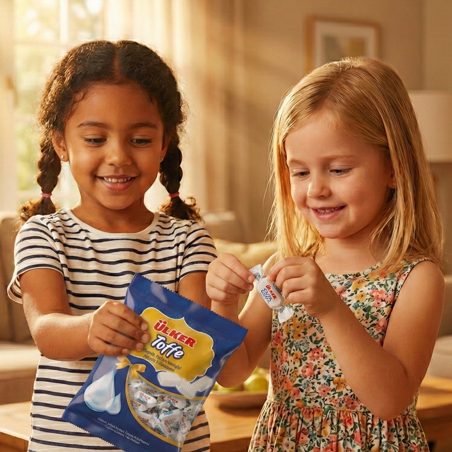 Two young girls holding a package of Toffe by Ulker in a warm indoor setting.