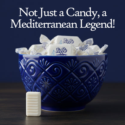 Blue bowl filled with Toffee candies on a dark background with text 'Not Just a Candy, a Mediterranean Legend!'.