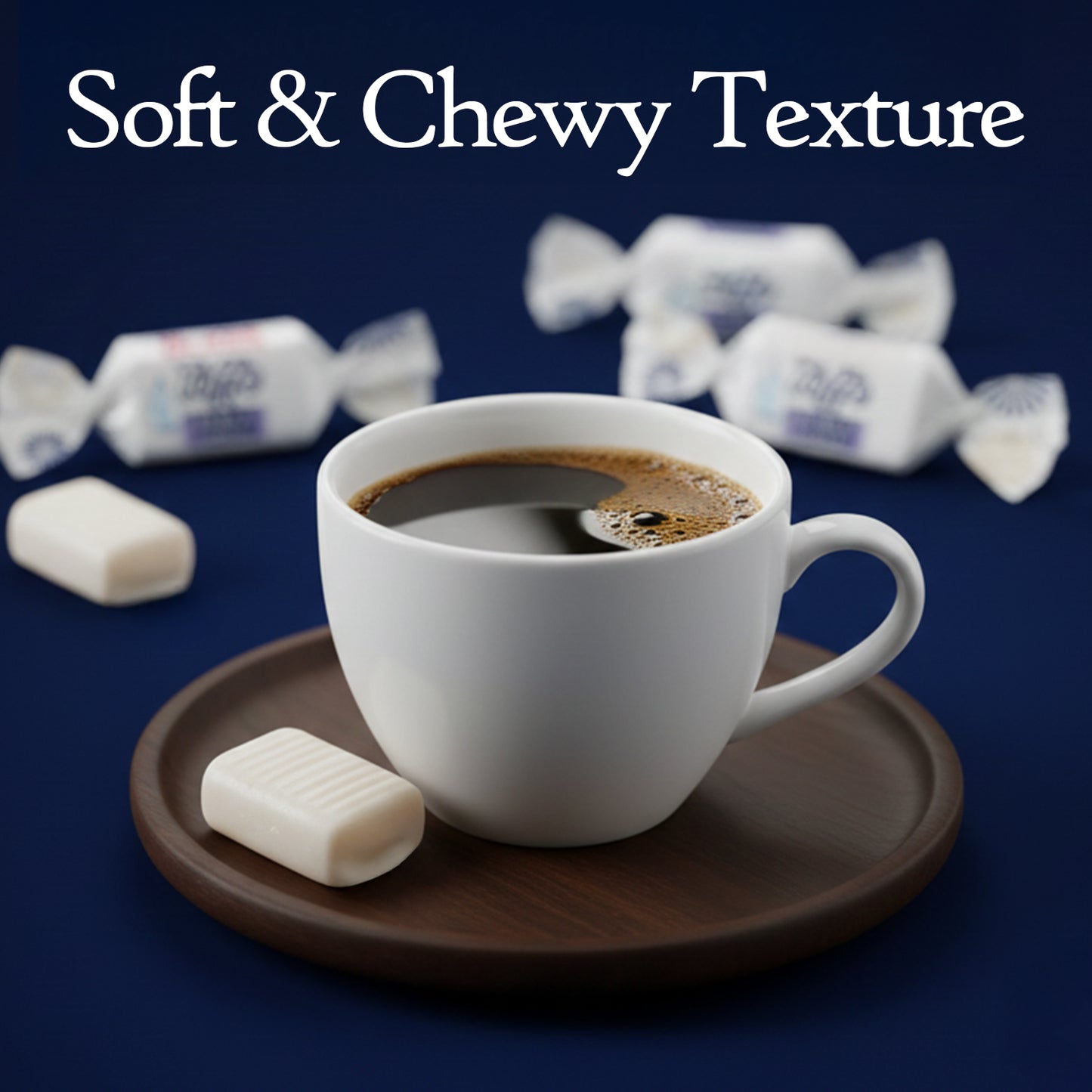 White mug of coffee on a wooden coaster with white candy bars in the background, text 'Soft & Chewy Texture' above.
