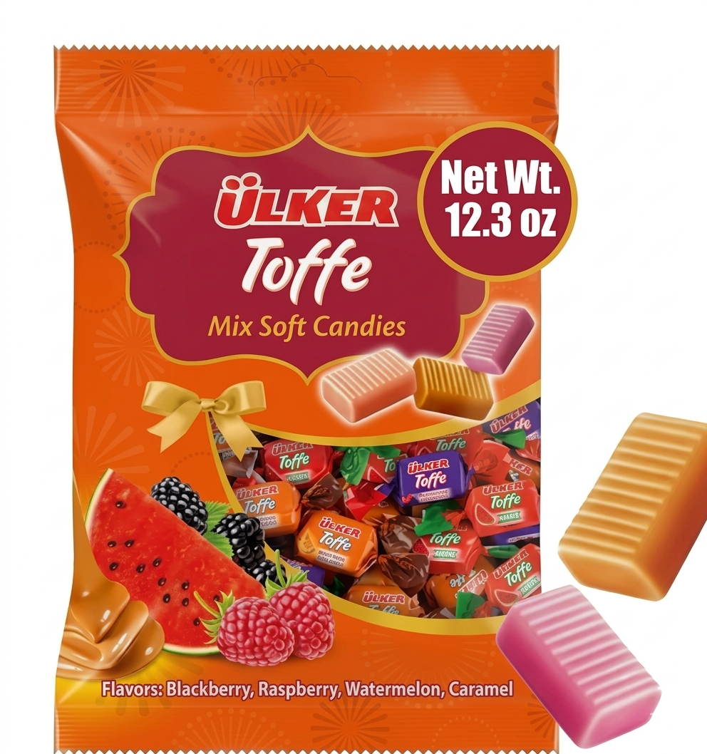 Ulker Toffe candy package with colorful candies and fruit illustrations on an orange background.