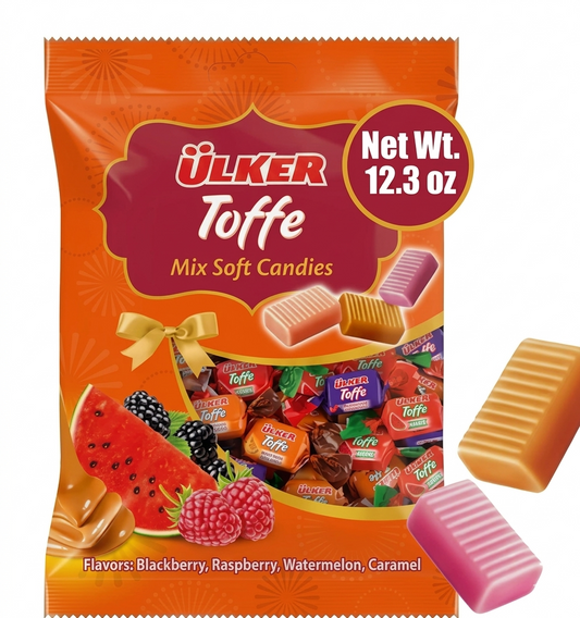 Ulker Toffe candy package with colorful candies and fruit illustrations on an orange background.