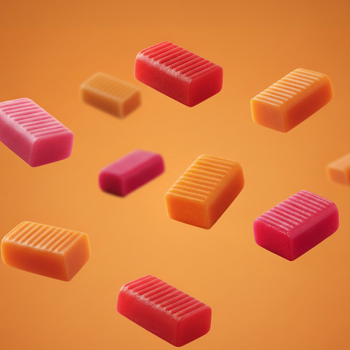 Rectangular gummy candies in red and orange on an orange background