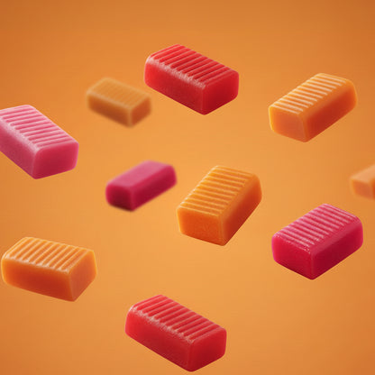Rectangular gummy candies in red and orange on an orange background