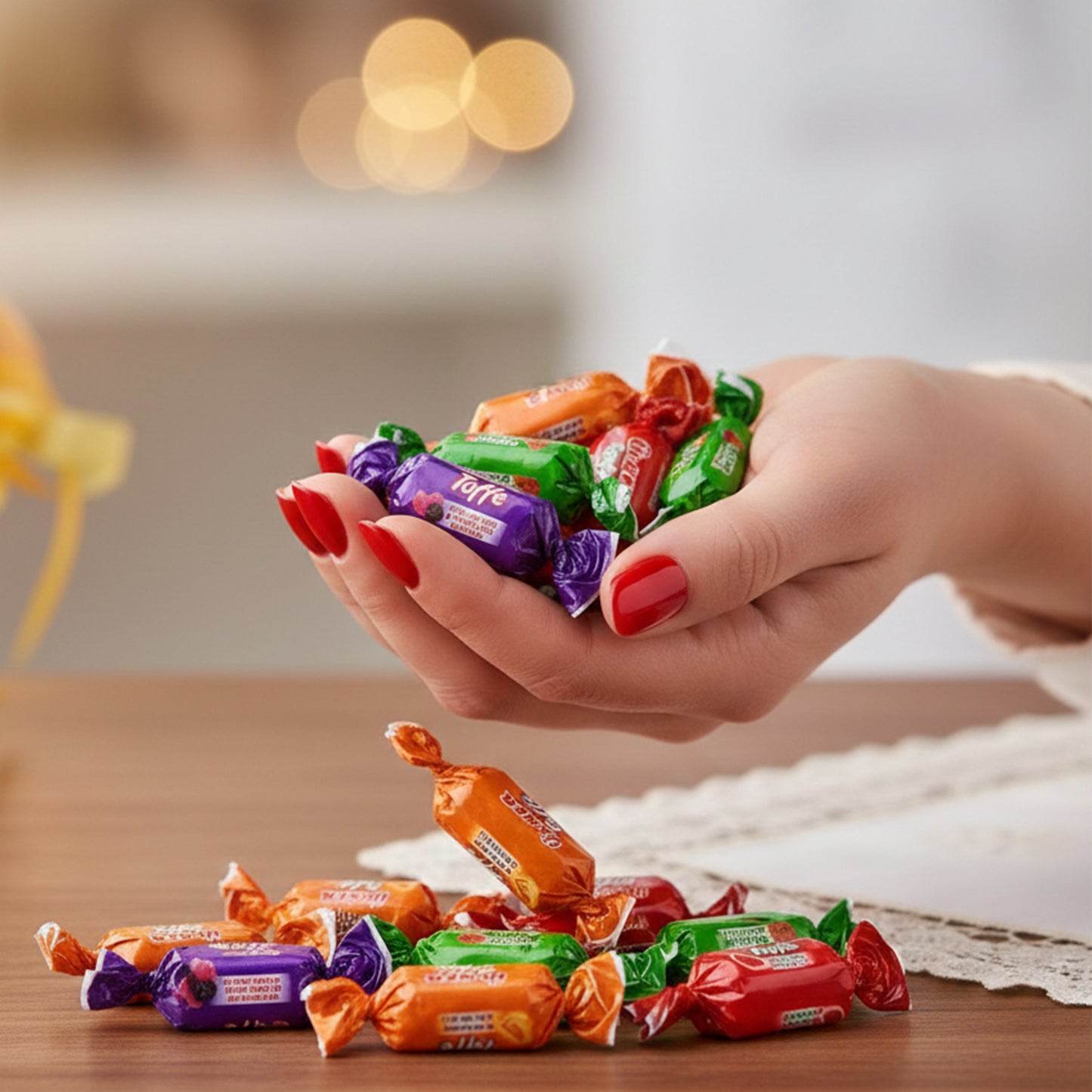 Hand holding colorful candies with a blurred background