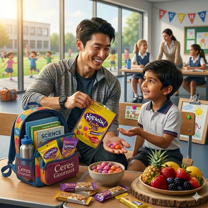 Man and child in a classroom setting with snacks and a backpack.
