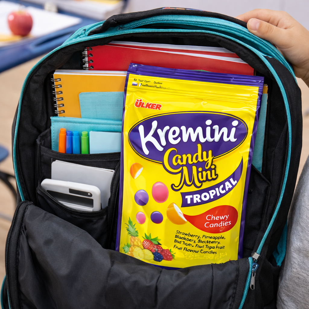 Backpack with school supplies and a package of Kremini candy mini tropical in a classroom setting