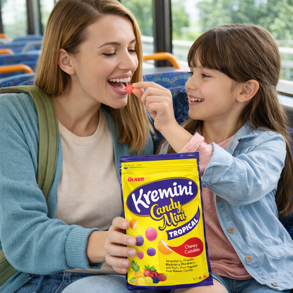 Woman and child on a bus with a Kremini Candy Mini packet