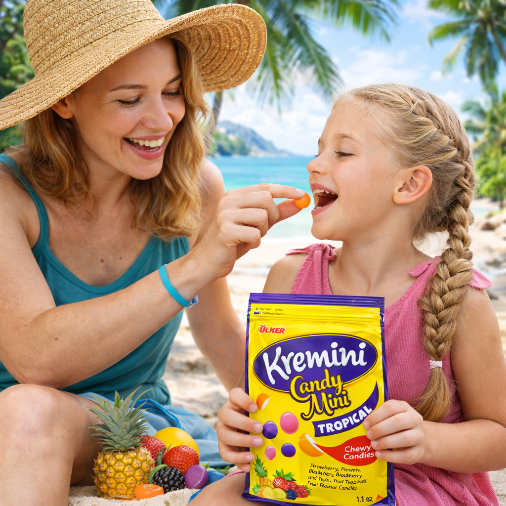 Woman and child on a beach with Kremini candy and tropical fruits