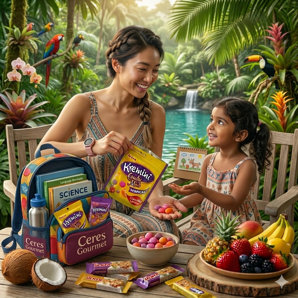 Woman and child in a tropical setting with snacks and a backpack.