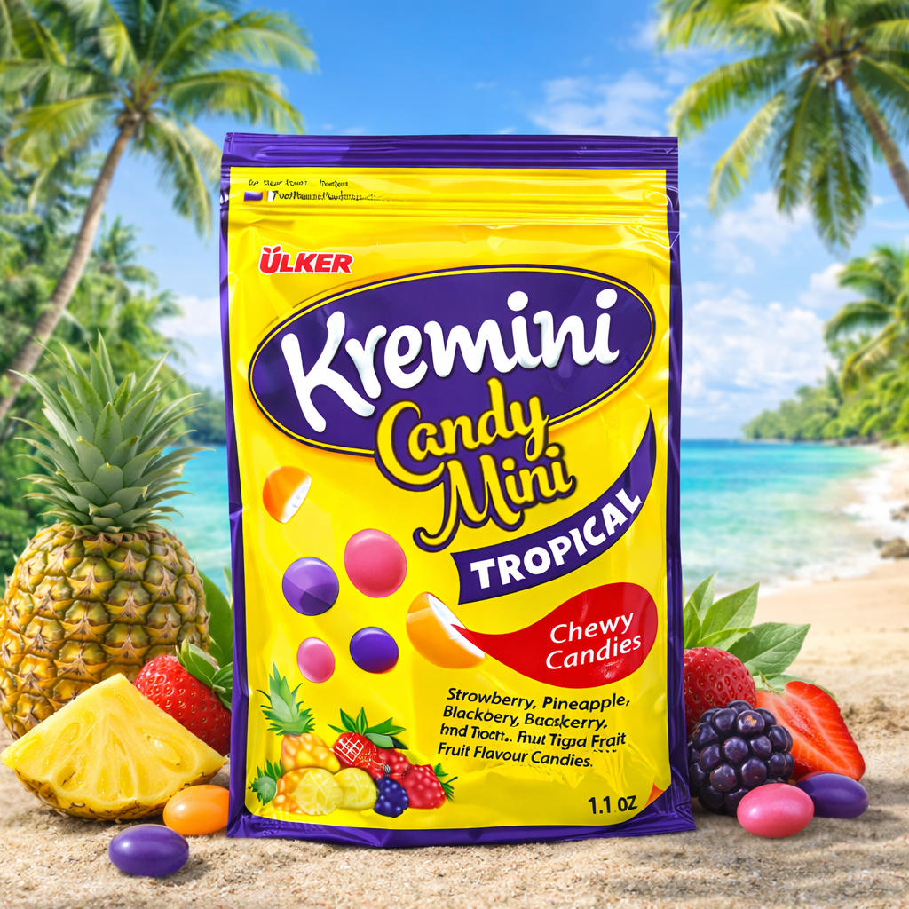 Kremini Candy Mini Tropical candy package with a beach and pineapple background