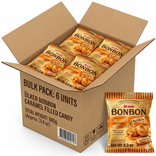 Open cardboard box with multiple packages of Ulker Bonbon Caramel Filled Candy on a white background