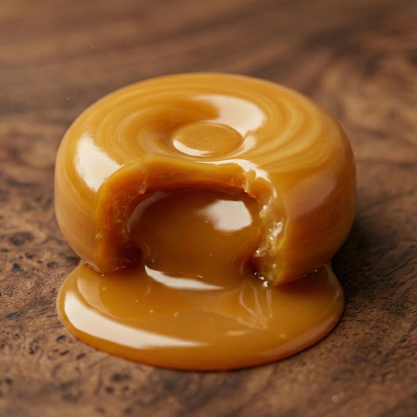 Melted caramel candy on a wooden surface