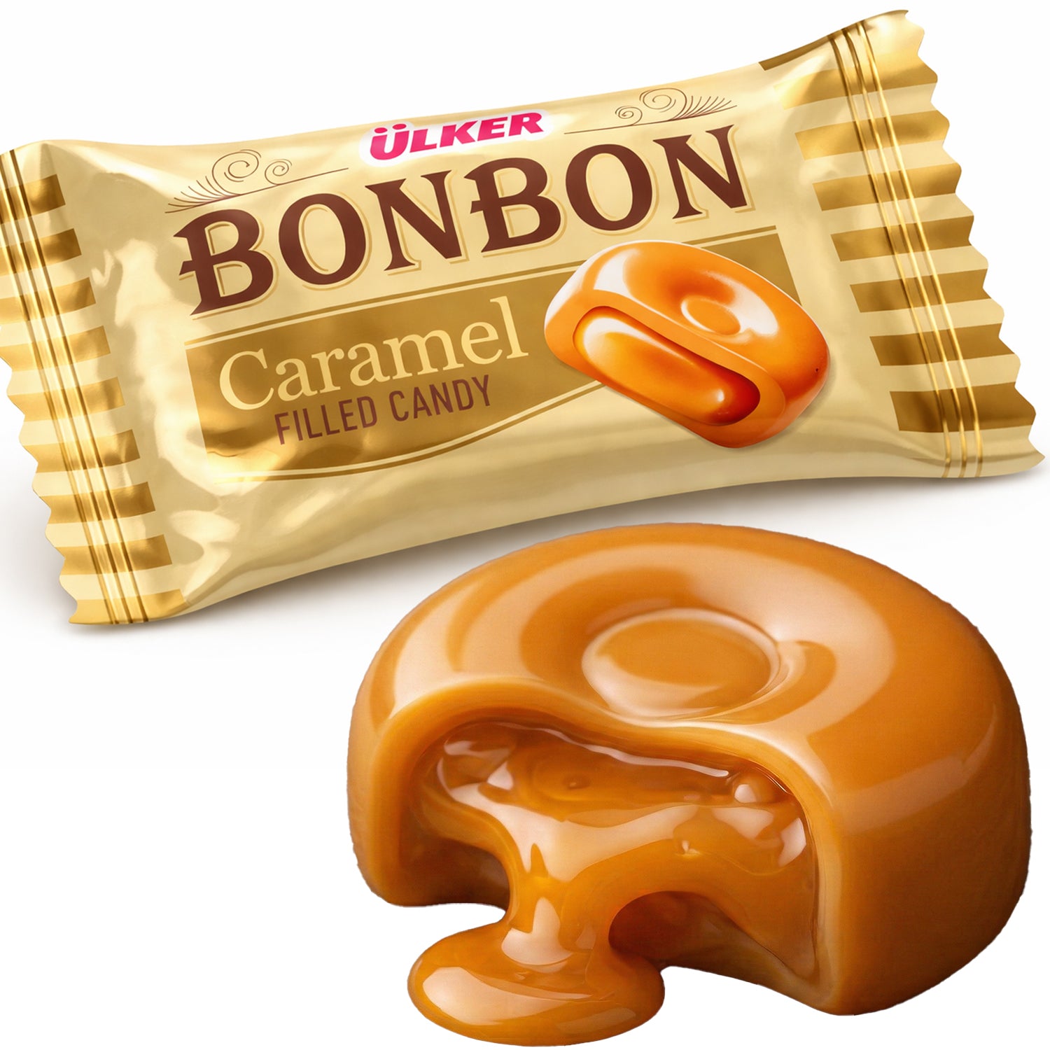 Ulker Bonbon caramel filled candy with packaging on a white background