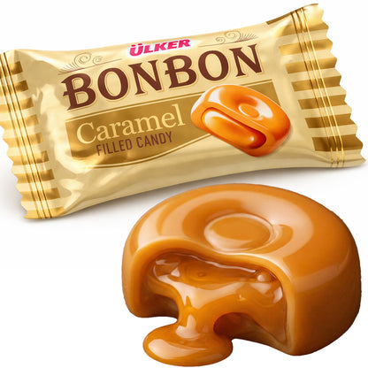Ulker Bonbon caramel filled candy with packaging on a white background