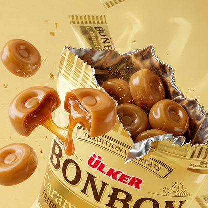 Open Ulker Bonbon caramel candy package with candies spilling out on a yellow background