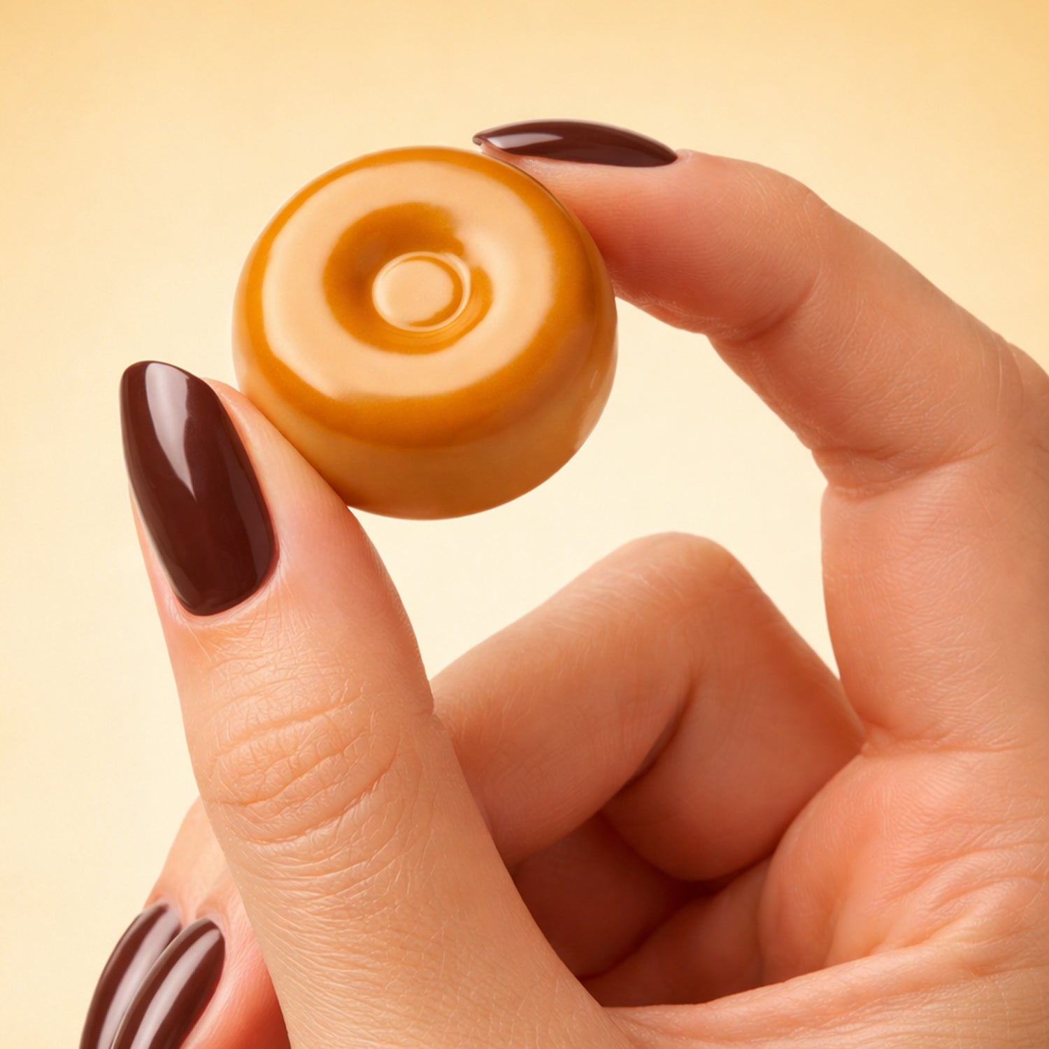 Hand holding a caramel candy against a beige background