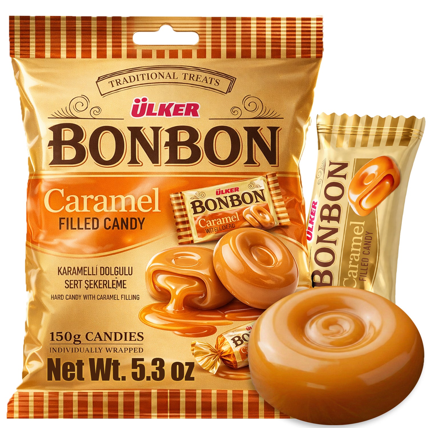 Ulker Bonbon caramel filled candy package with a candy in front