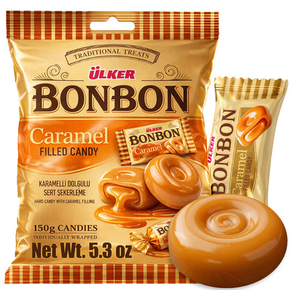 Ulker Bonbon caramel filled candy package with a candy in front