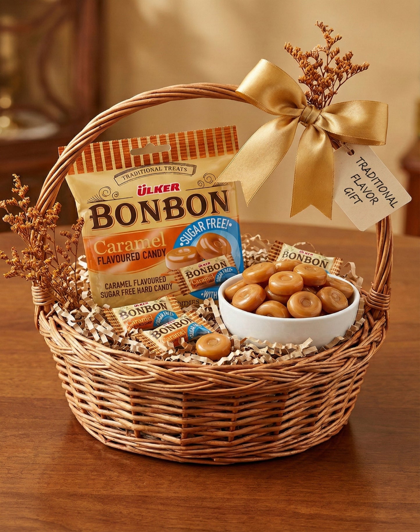 Gift basket with Ulmer Bonbon candies on a wooden surface