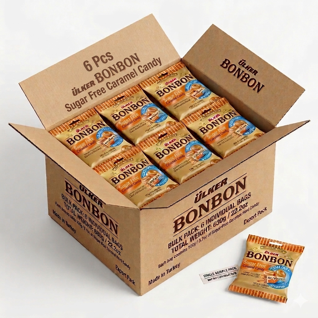Box of Ulker Bonbon candy with individual packets on a white background