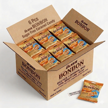 Box of Ulker Bonbon candy with individual packets on a white background