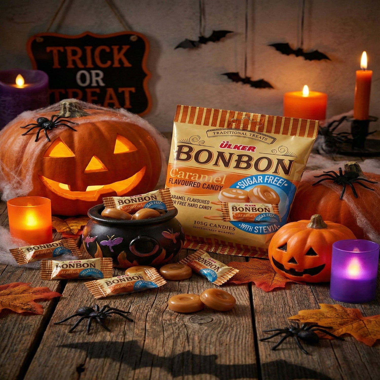 Halloween-themed setting with BonBon caramel products, pumpkins, and candles on a wooden surface.
