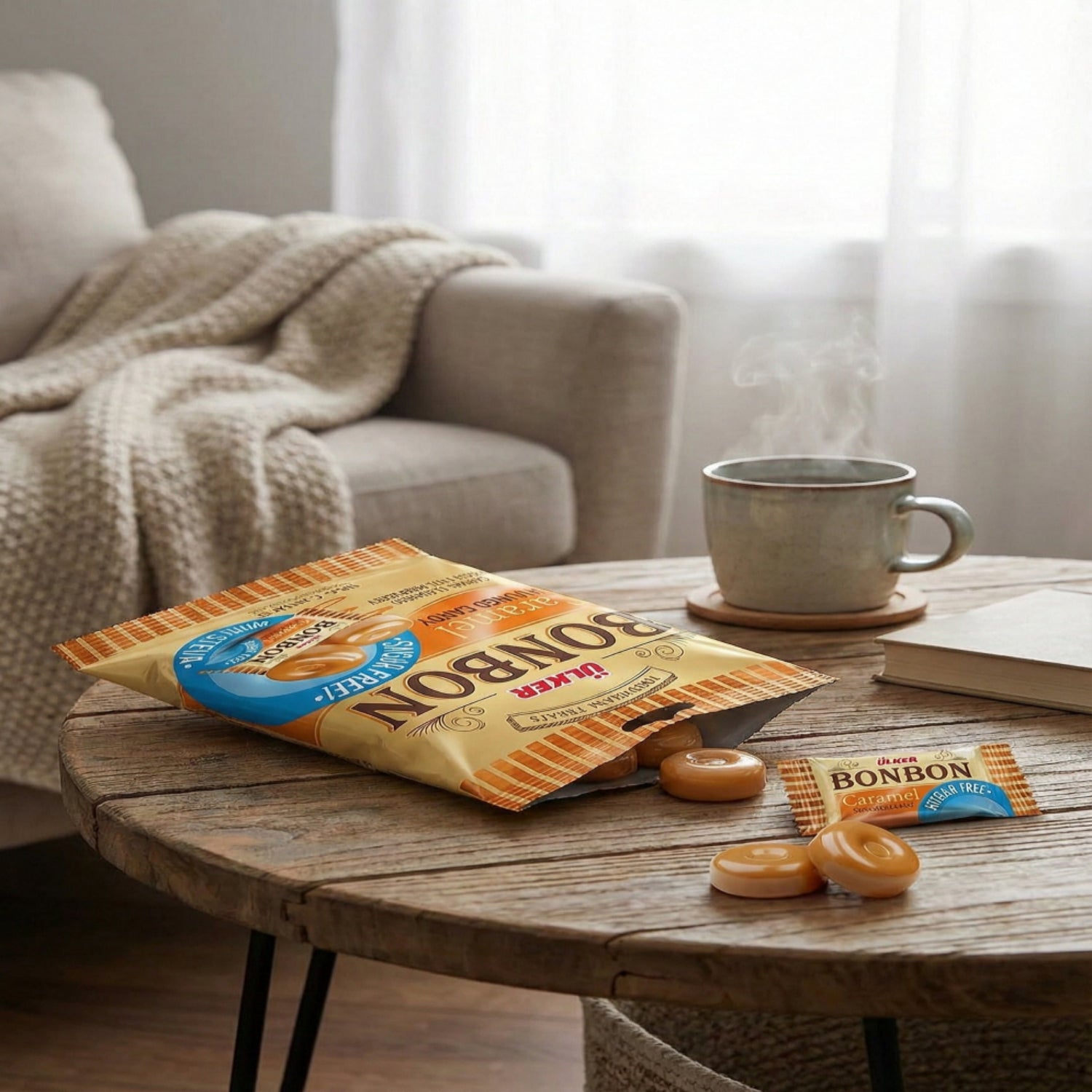 Packaged Bonbon treats on a wooden table with a cup of coffee and book in a cozy living room setting.