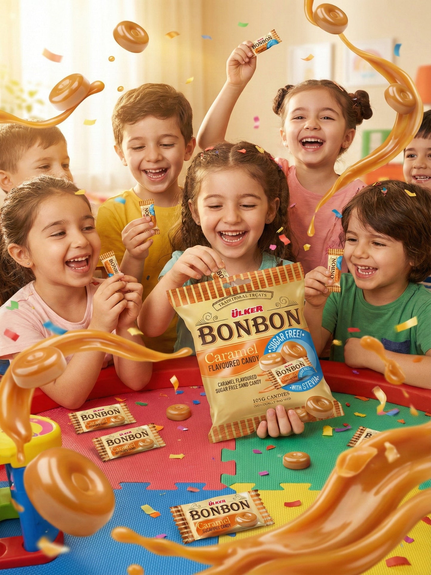 Children around a table with a bag of Bucker Bonbon candy, with candy splashing around them.