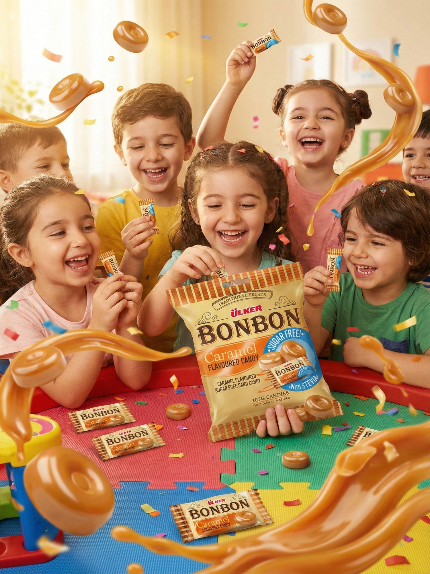 Children around a table with a bag of Bucker Bonbon candy, with candy splashing around them.