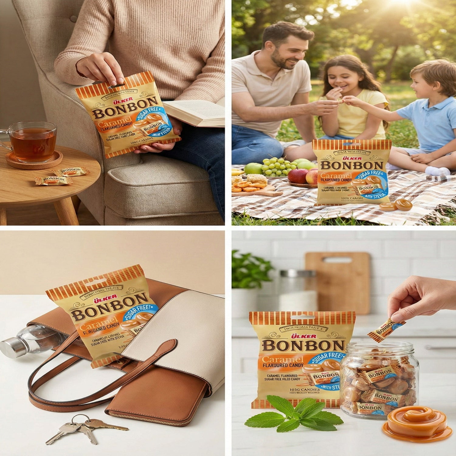 Collage of people enjoying DKuer Bonbon snacks in various settings.