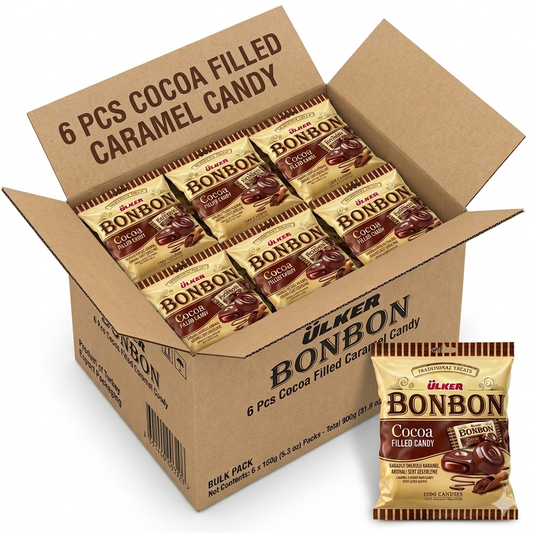 Box of Ülker Bonbon cocoa filled caramel candy with a single packet on a white background