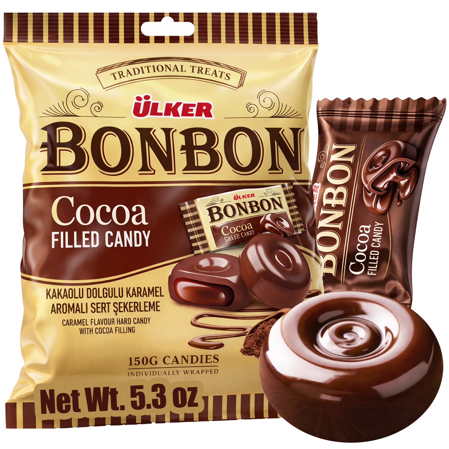 Ulker Bonbon cocoa filled candy packaging with a candy in front