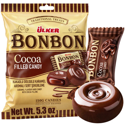 Ulker Bonbon cocoa filled candy packaging with a candy in front