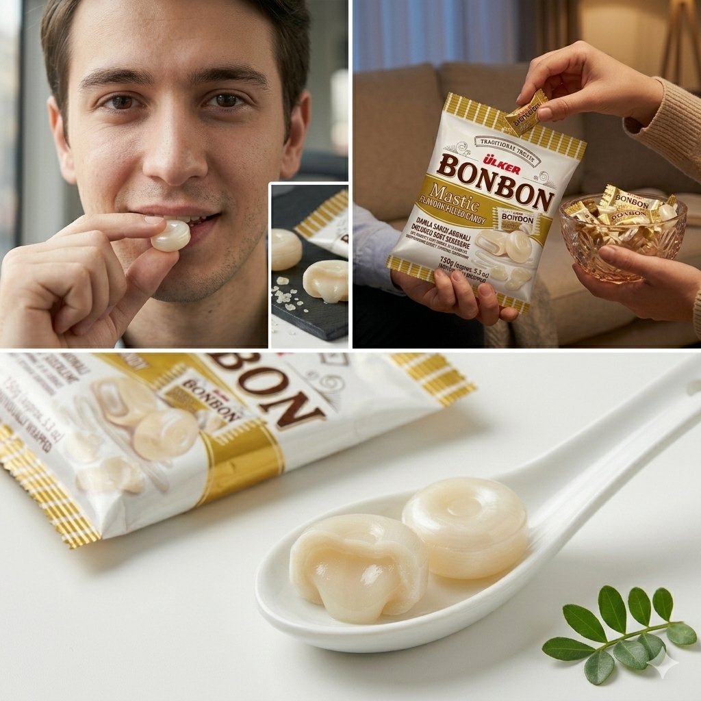 Collage of a man eating Bonbon, a person holding a package, and Bonbon on a spoon.