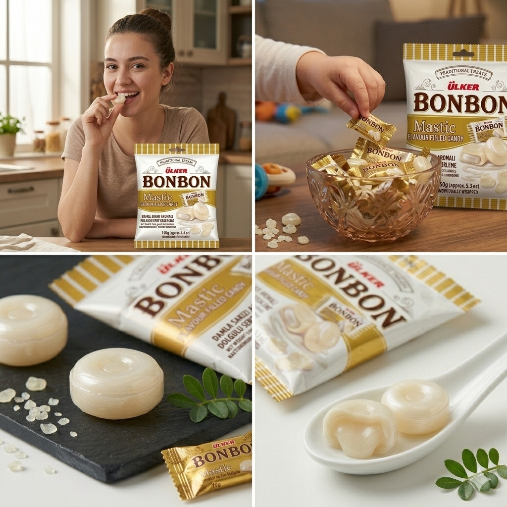 Collage of images featuring Ulker Bonbon mastic candy packaging and products.