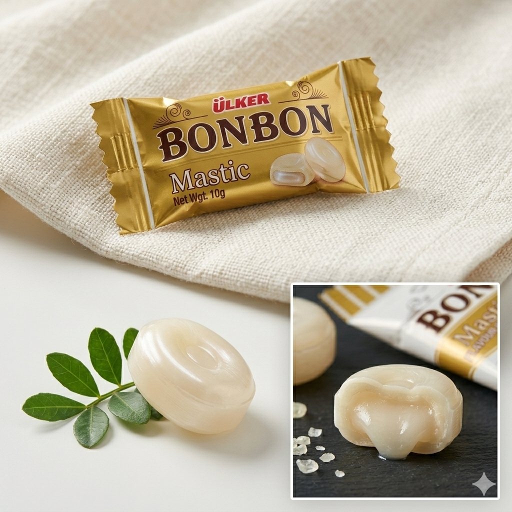 Ulker Bonbon Mastic candy package on a white fabric background with a close-up inset showing the candy.