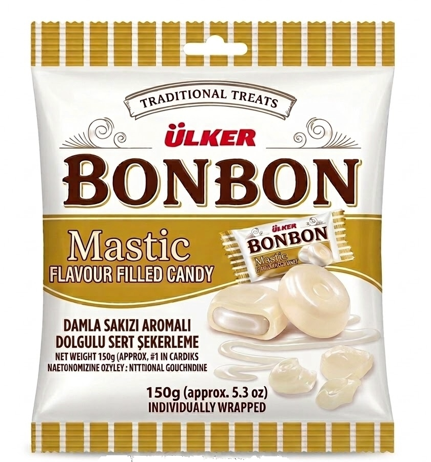 Ulker Bonbon mastic flavored candy package on a white background