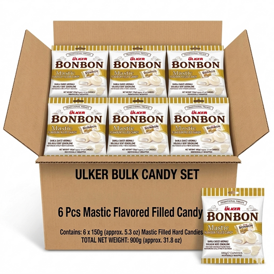 Box of Ulker Bonbon mastic flavored filled candies with a single candy package displayed in front.