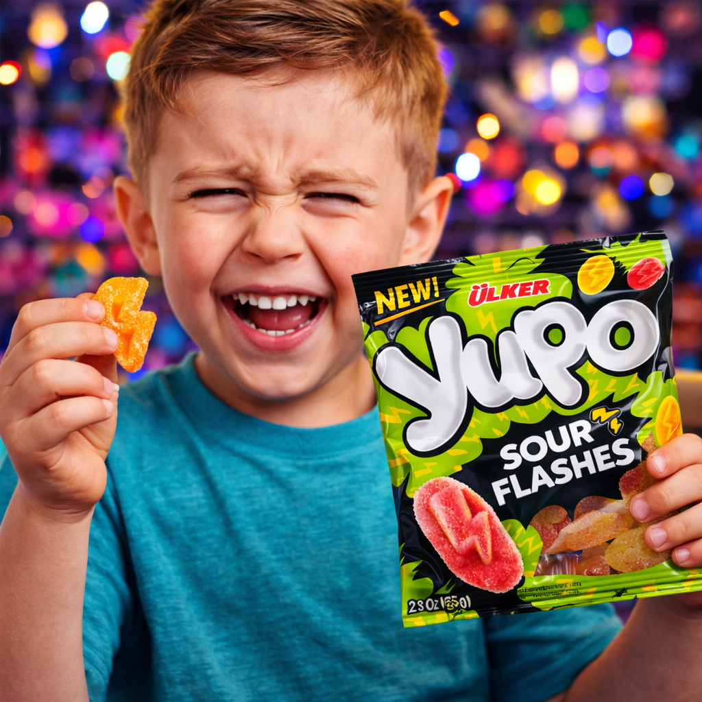 Child holding a package of Ulker YuPo Sour Flashes gummy candies with a colorful blurred background.