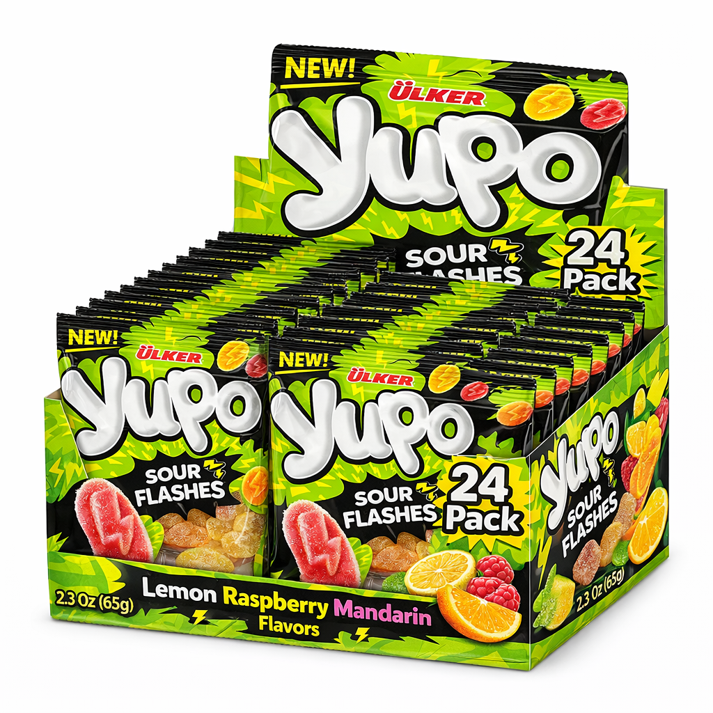 Display of Ulker Yupo Sour Flashes gummy candy boxes on a white background