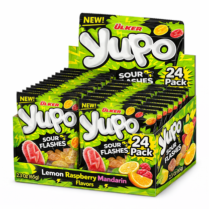 Display of Ulker Yupo Sour Flashes gummy candy boxes on a white background