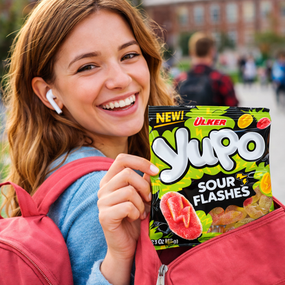 Woman holding a package of Ulker Yupo Sour Flashes gummy candies in an urban setting.